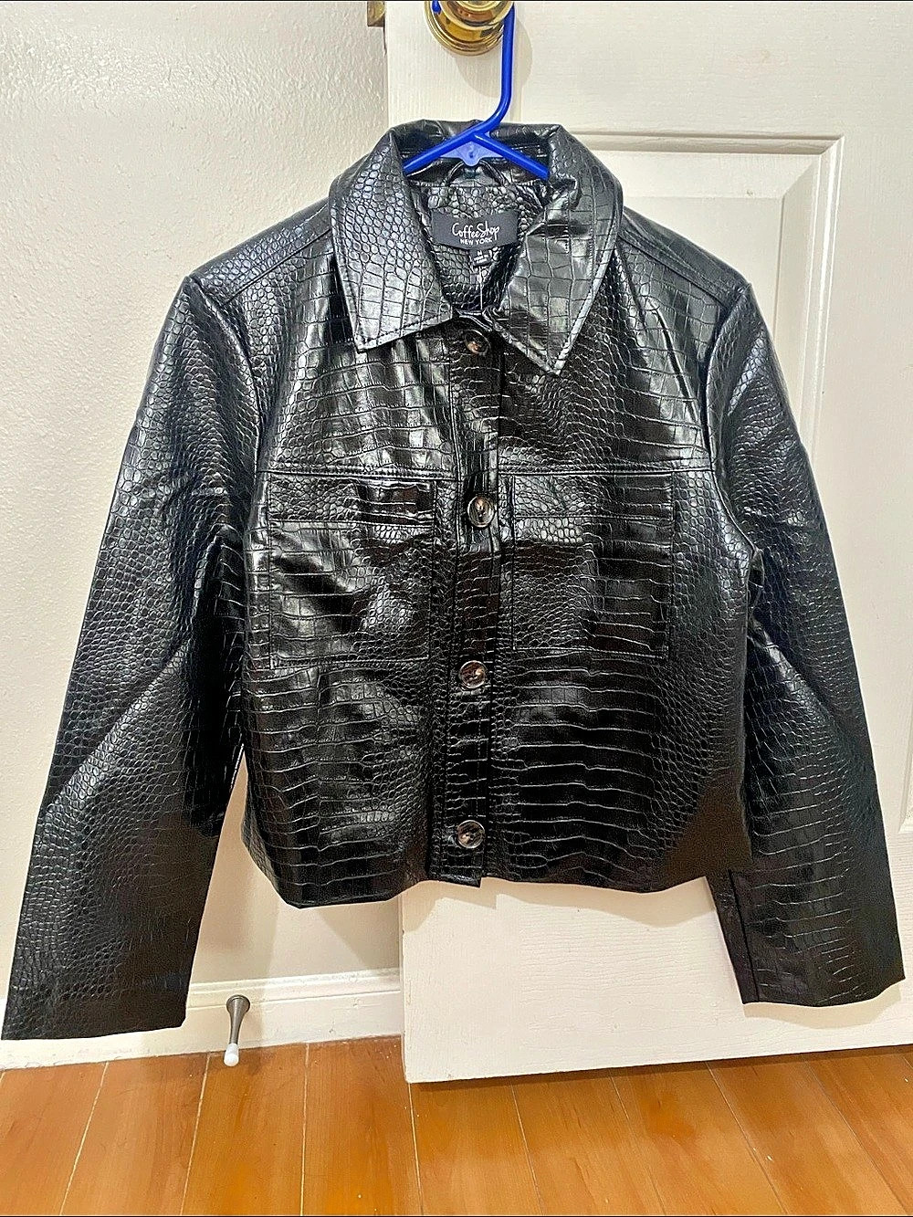 CoffeeShop New York Juniors' Croc-Embossed Faux-Leather Barn Jacket Black Medium